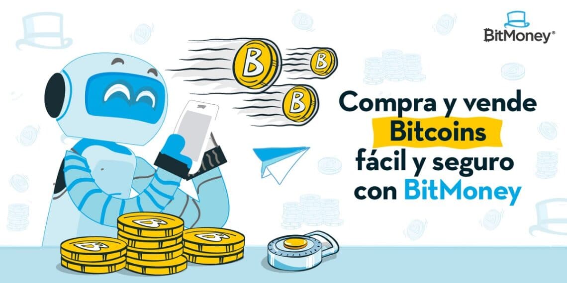 Robot con celular en manos y pila de monedas bitcoin