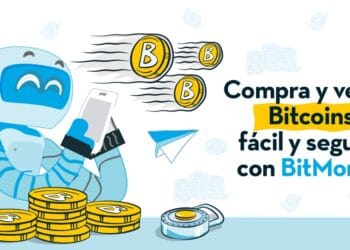 Robot con celular en manos y pila de monedas bitcoin