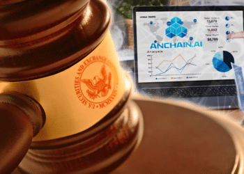 Pantalla con finanzas descentralizadas y logo de Anchain.AI y maso de juez con logo de SEC.