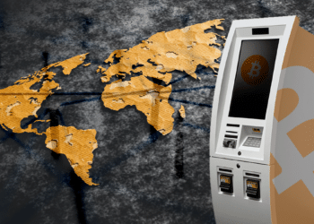 Mapa mundo con pins y cajero de BTC.