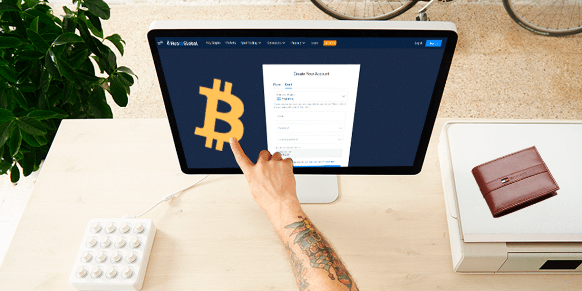 Huobi en pantalla con logo de BTC y billetera.