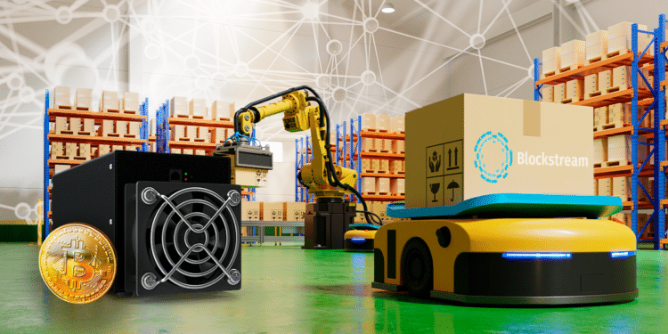 BTC, minero en fábrica con logo Blockstream.