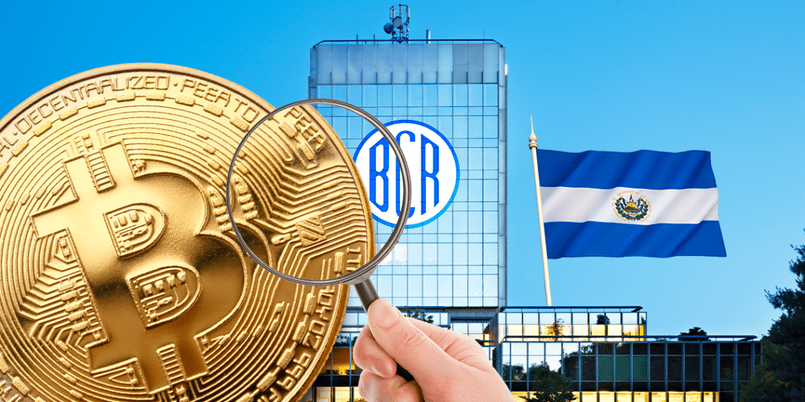 Edificio con logo de BCR y bandera de El Salvador con BTC y lupa.