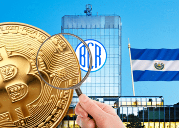 Edificio con logo de BCR y bandera de El Salvador con BTC y lupa.