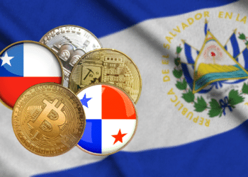 Bandera de El Salvador con BTC y bandera Panamá y Chile.