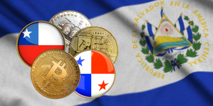 Bandera de El Salvador con BTC y bandera Panamá y Chile.