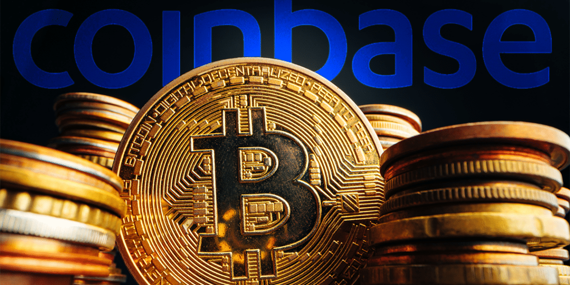 BTC y logo Coinbase.