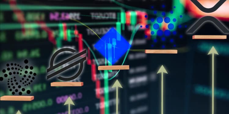 El mercado de criptomonedas se mantiene en constante crecimiento. Composición por CriptoNoticias. Gajus-Images / elements.envato.com; twinsterphoto / elements.envato.com; twinsterphoto / elements.envato.com; Cardano /  cardano.org; Waves / github.com; Ripple /  coinmarketcap.com; IOTA / coinmarketcap.com