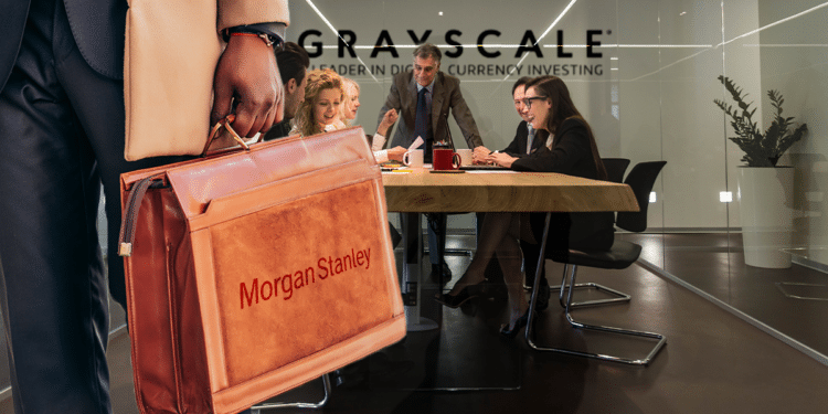 Oficina de Grayscale y persona con maletín de Morgan Stanley.