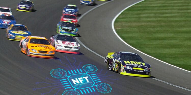 Carrera de Nascar y símbolo de NFT.