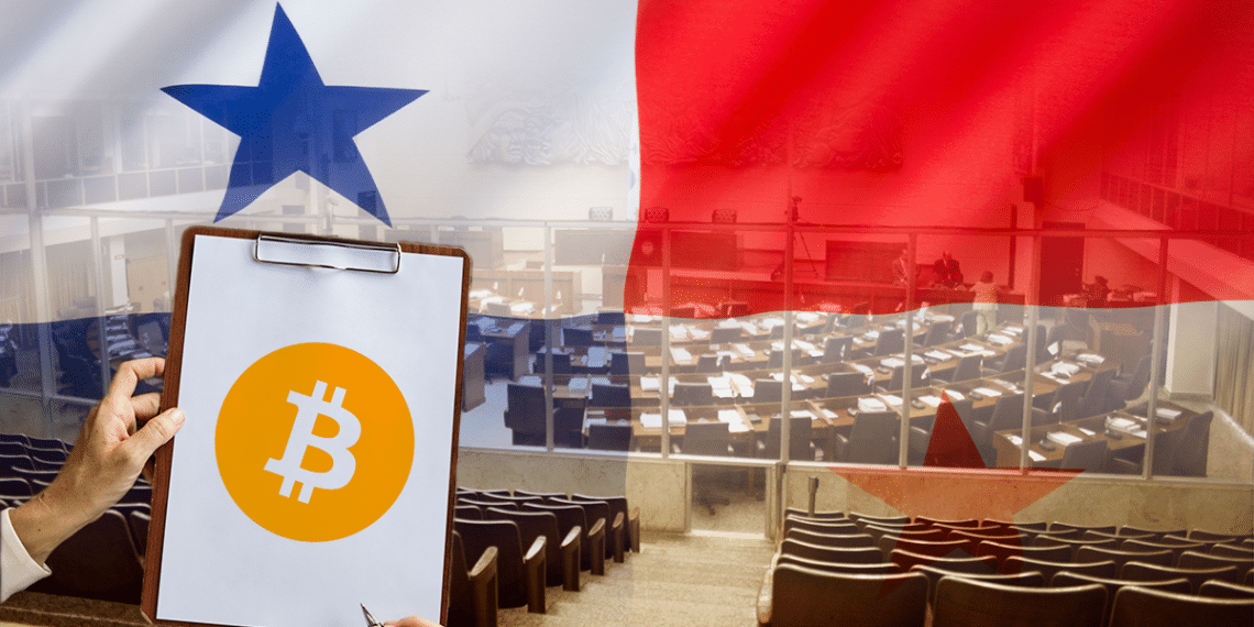 Asambla de Panamá con su bandera y hoja con BTC.