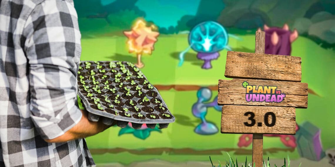 Cultivador en granja con cartel de PLant vs Undead 3.0