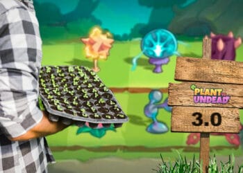 Cultivador en granja con cartel de PLant vs Undead 3.0