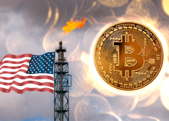 Torre de gas quemado con bandera de USA y BTC.