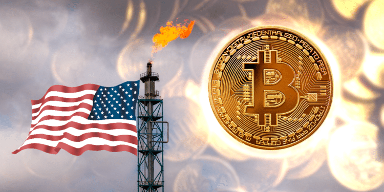 Torre de gas quemado con bandera de USA y BTC.