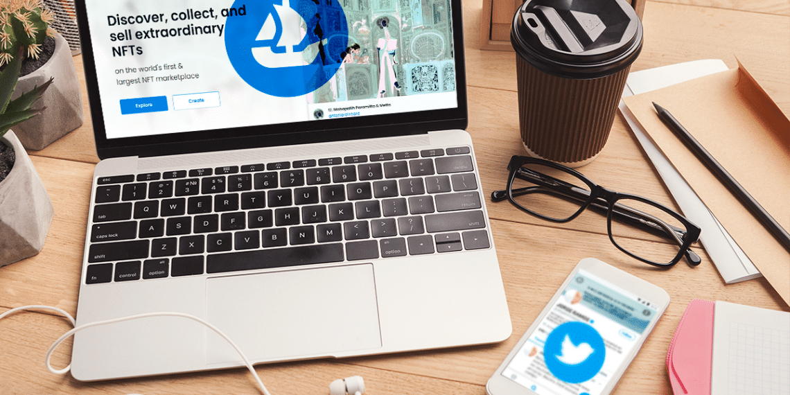 Pantalla con Opensea y teléfono con Twitter.