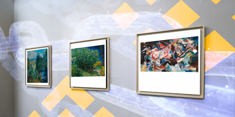 Van Gogh, Monet, Kandinsky, blockchain y logo de Binance.