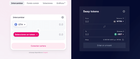 Imagenes de la interfaz de intercambio de Uniwap y de TON Swap.