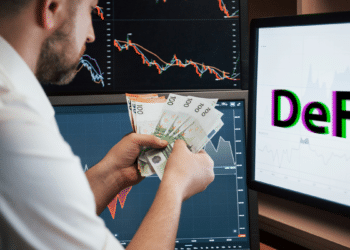 Persona con dinero en mano frente a pantalla con la palabra DeFi.