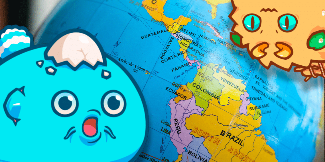 Axies sobre mapa mundi de latinoamerica.