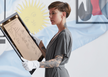 Galerista con dibujo sobre crisis argentina.