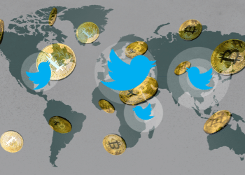 Mapa mundi con logo de Twitter y BTC.