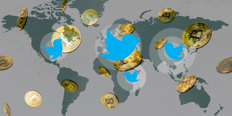 Mapa mundi con logo de Twitter y BTC.