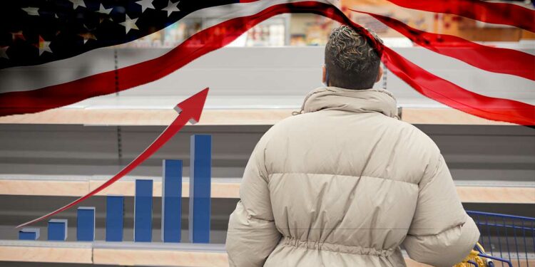 Estantes vacíos con bandera de USA y gráfica en alza.