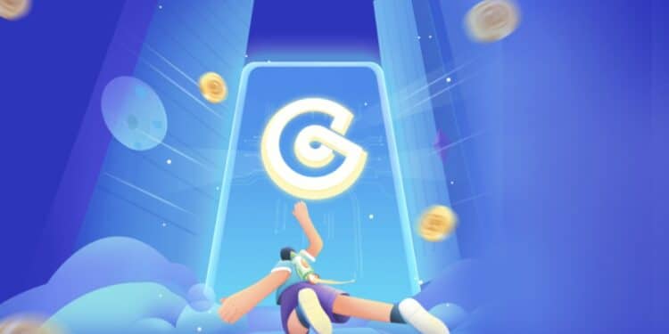 Logo de CoinEx en fondo azul con paracaidista cayendo
