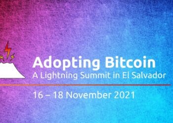 Pancarta promocional de la conferencia adoptando bitcoin en El Salvador
