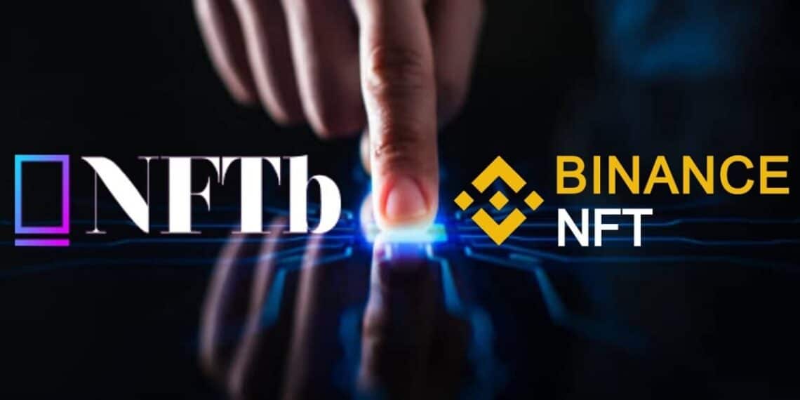 Logos de NFTb y Binance NFT sobre mano humana