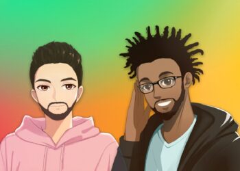 Caricaturas de dos hombres sobre fondo de colores y logo de YUP