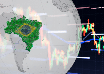 Globo con mapa de Brasil y gráfico.