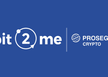 Logos de Bit2Me y Prosegur Crypto en fondo azul