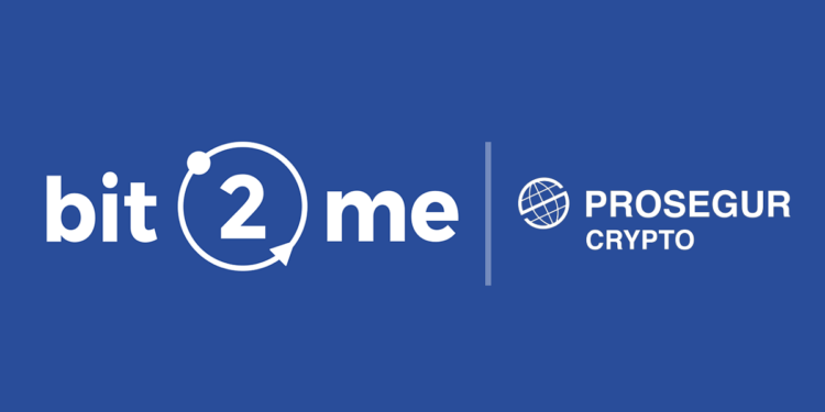 Logos de Bit2Me y Prosegur Crypto en fondo azul