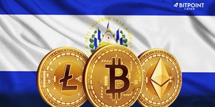 Bandera de El Salvador con monedas de LTC, BTC y ETH al frente.