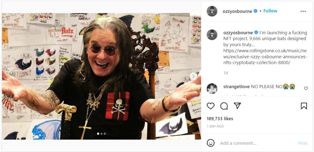 Ozzy Osbourne vuela en la oscuridad con su colección de NFT de murciélagos