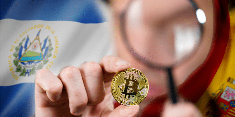 Lupa y BTC banderas de España y El Salvador.