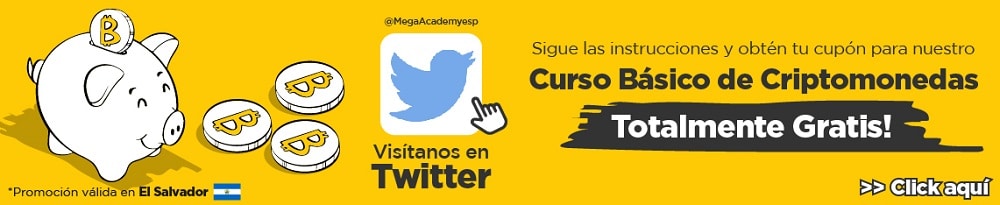 Logos de Twitter y MegaAcademy con un cochinito y monedas bitcoin al lado.