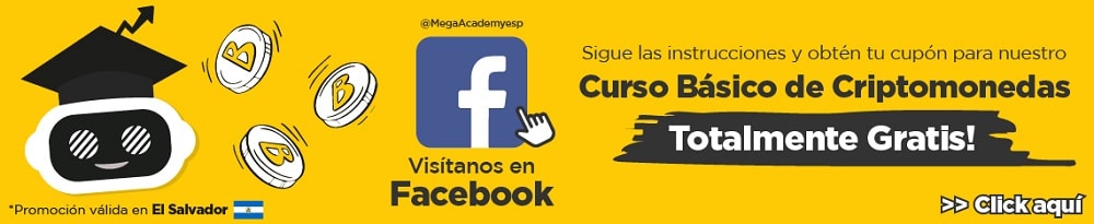 Logos de Facebook y MegaAcademy con monedas bitcoin al lado.