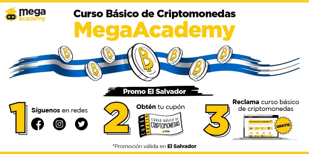 Monedas de bitcoin flotando en fila y logo de MegaAcademy