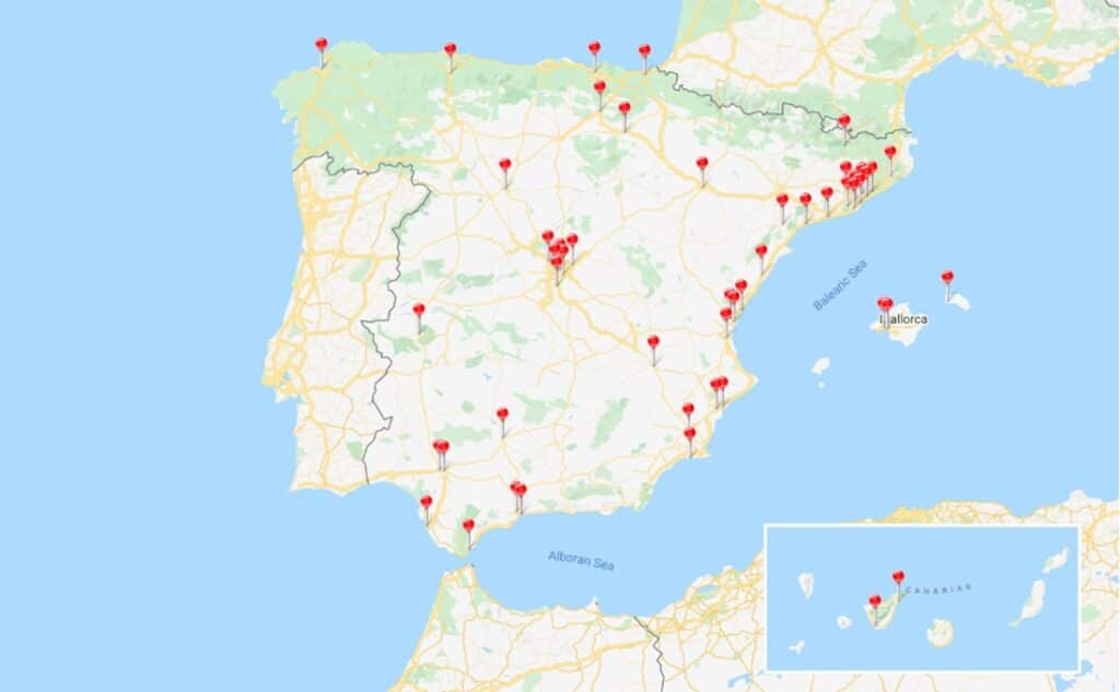 Mapa de España con la ubicación de los cajeros BitBase.