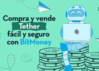 Dibujo de robot sentado sobre una pila de monedas Tether junto al icono de Telegram