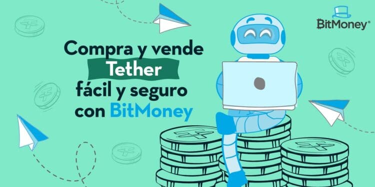 Dibujo de robot sentado sobre una pila de monedas Tether junto al icono de Telegram