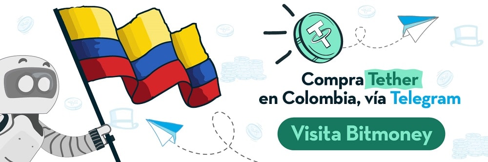 Dibujo de robot sosteniendo la bandera de Colombia y una moneda Tether volando conectada al símbolo de Telegram