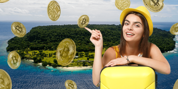 Isla Satoshi y turista con BTC.