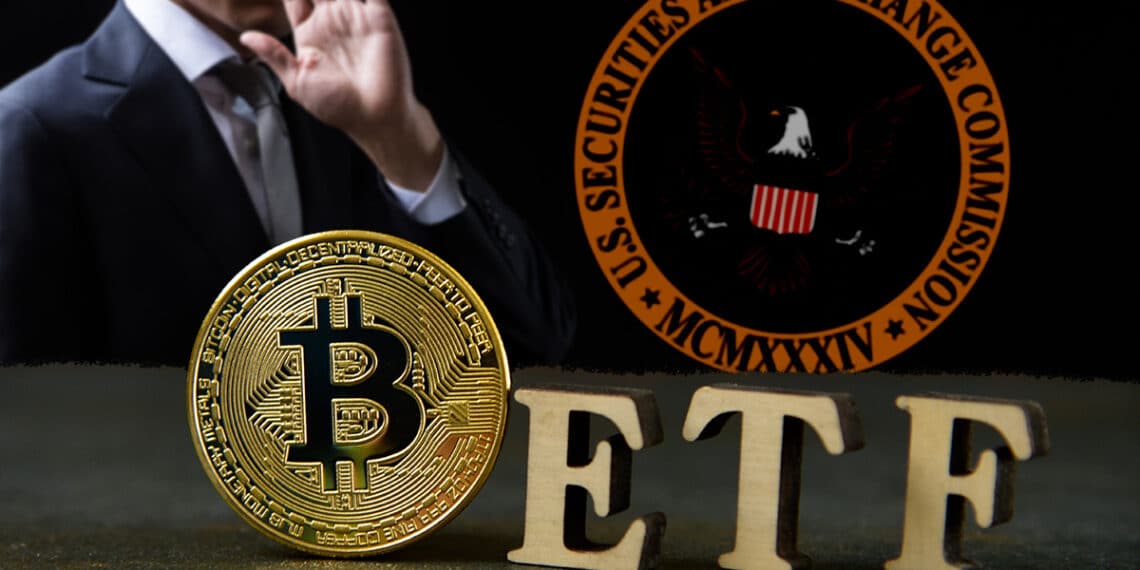 La SEC reafirma su posición contra los ETF de bitcoin al contado. Composición por CriptoNoticias. taa22/ stock.adobe.com; plysuikvv/ stock.adobe.com;  es.wikipedia.org  .