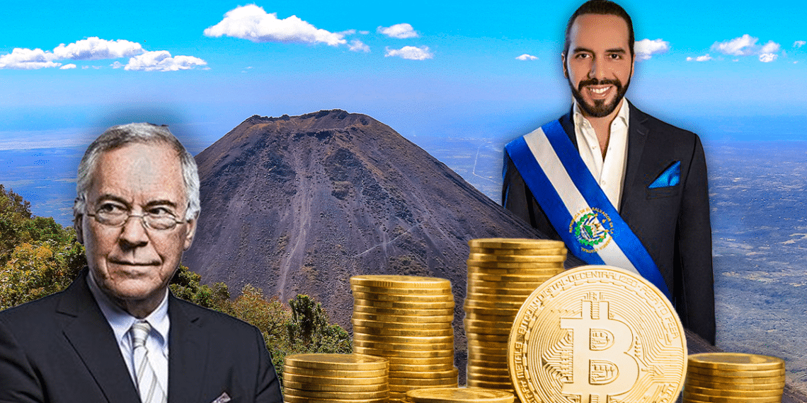 Bukele y Handke con volcán de fondo y BTC.