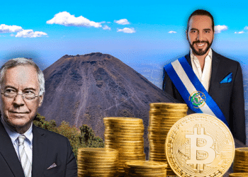 Bukele y Handke con volcán de fondo y BTC.