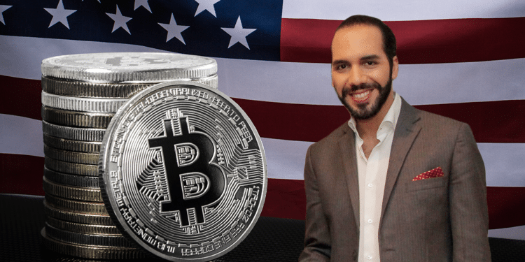 Bukele y BTC con bandera de USA.